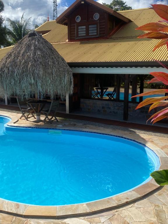 a large blue swimming pool with a thatch roof at Habitation Bonneville Chalet et Loft d'exceptions in La Trinité