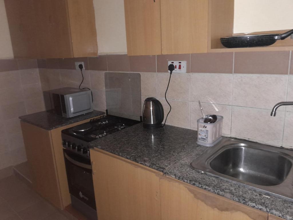 a kitchen with a sink and a stove and a microwave at great wall in Nairobi