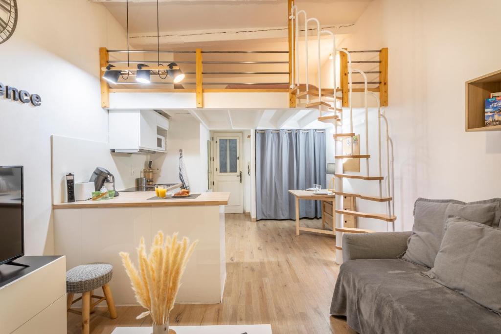 um pequeno apartamento com uma cozinha e uma sala de estar em Studio Cardeurs em Aix-en-Provence
