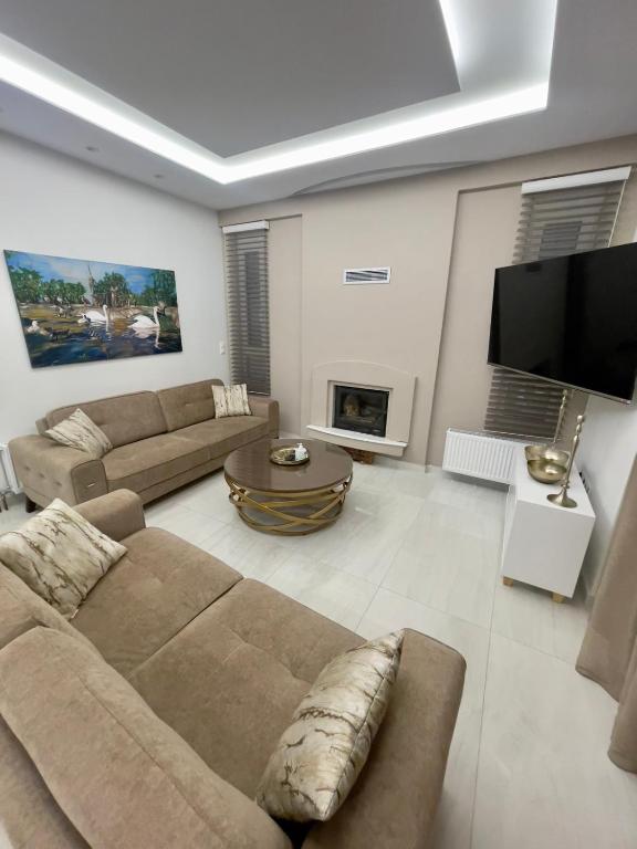 Televízia a/alebo spoločenská miestnosť v ubytovaní Alimos Luxury Prestige
