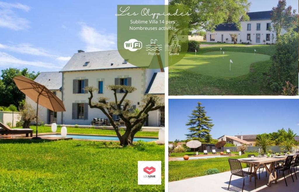 eine Collage mit Bildern eines Hauses und eines Golfplatzes in der Unterkunft Les Olympiades - Magnifique Villa d'évasion in Vendeuvre-du-Poitou