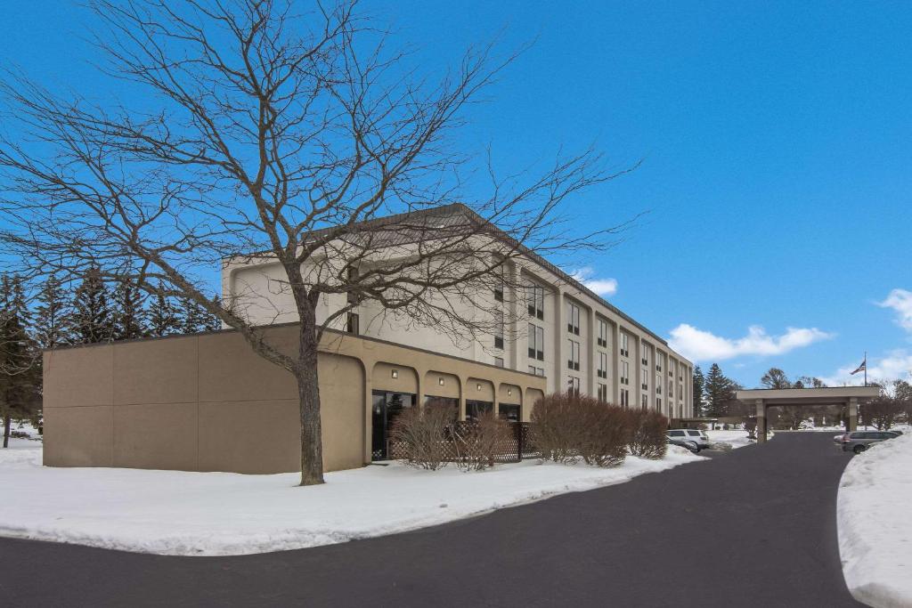 un edificio con un árbol junto a una calle cubierta de nieve en Comfort Inn, en Cadillac