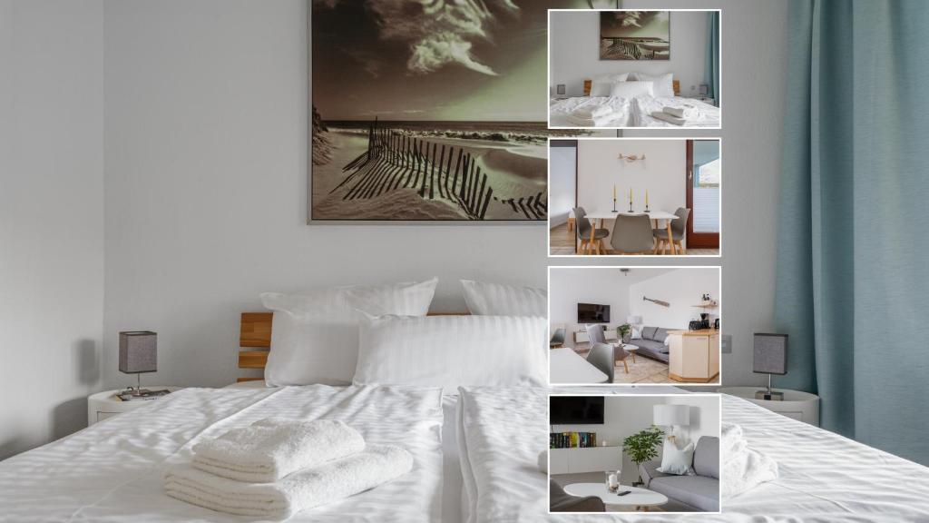 a collage of photos of a bed with towels on it at Ferienwohnung Kellenhusen Ostsee in Kellenhusen