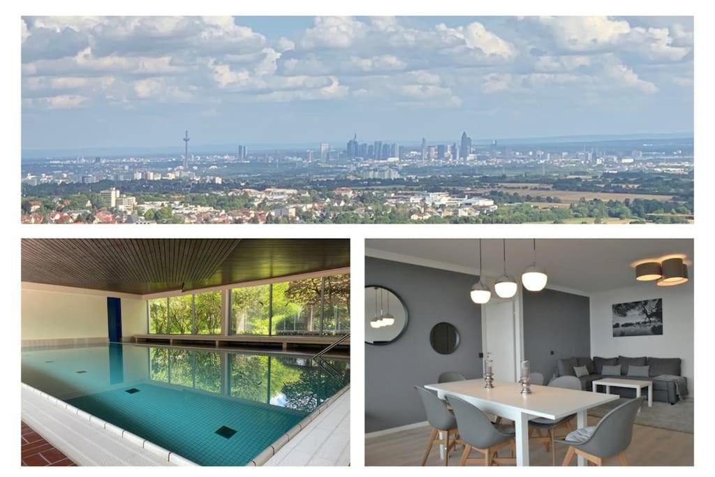 two pictures of a house with a view of a city at Skyline Appartement mit Pool and Netflix in Kronberg im Taunus