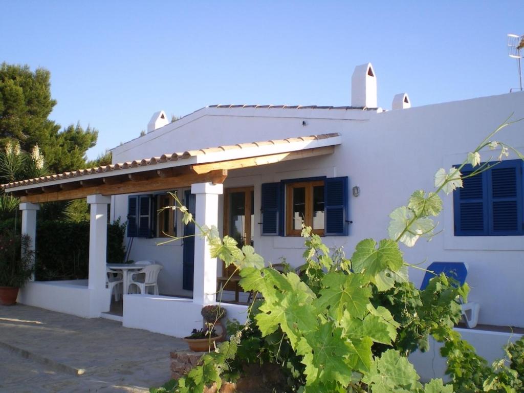 une maison blanche avec des fenêtres bleues et des vignes dans l'établissement Casa 2-h, à Sant Francesc Xavier