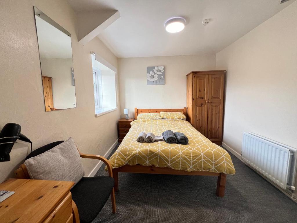 The Welsh Black Inn في آبريستويث: غرفة نوم صغيرة مع سرير ومرآة
