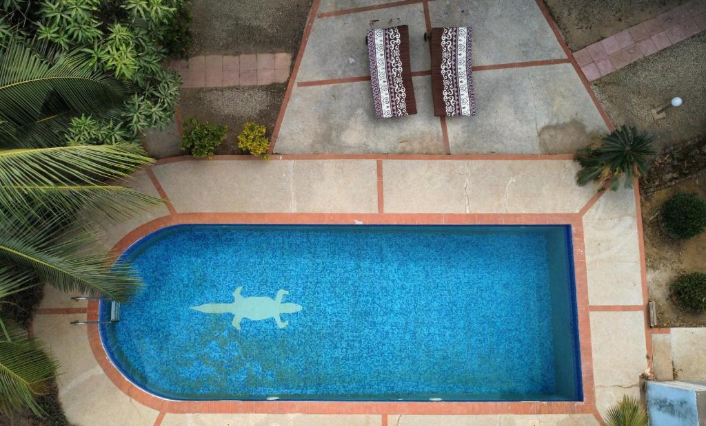uma vista superior de uma piscina com um peixe sobre ela em Maison d'hôte à la Somone em Somone