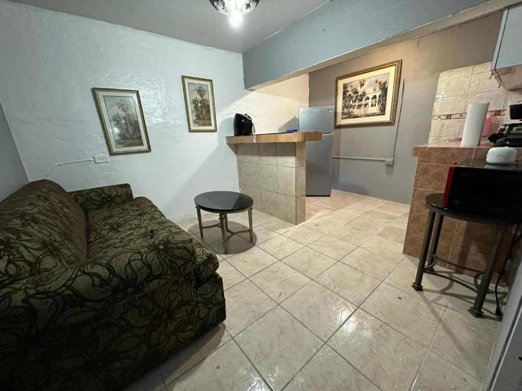 a living room with a couch and a fireplace at 1BR Plus Basement, Near Beach and Restaurants in San Juan