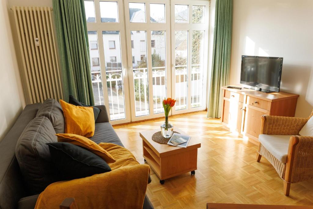 a living room with a couch and a tv at Appartements im Weingut Frieden-Berg in Nittel