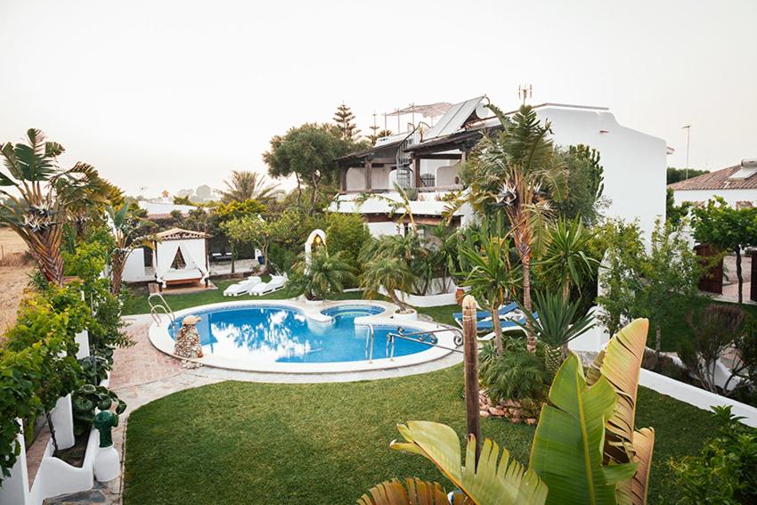 an aerial view of a backyard with a swimming pool at Placer de Meca in Zahora