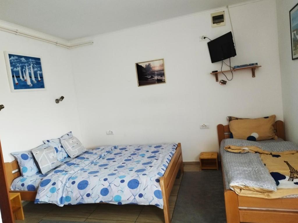 um quarto com uma cama e uma televisão na parede em Soba Milica em Palić