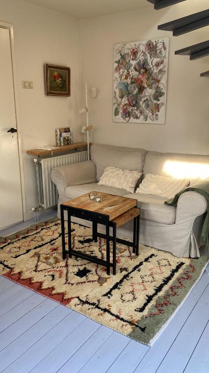 a living room with a couch and a coffee table at Tiny House De Oude Berg in Bergen