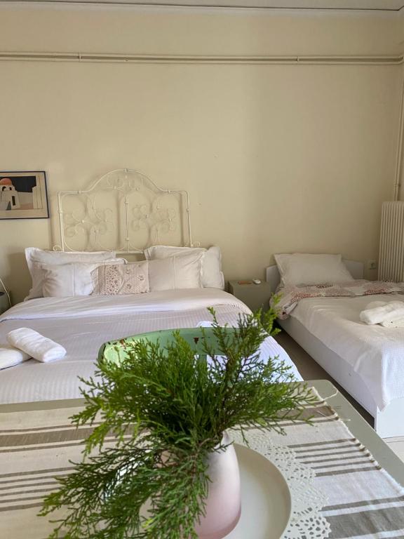 a bedroom with two beds and a vase with a plant at Thalassa in Monodhéndrion