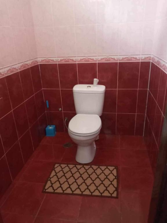 Beka’s House في كوبوليتي: حمام مع مرحاض في غرفة مزينة بالبلاط الأحمر