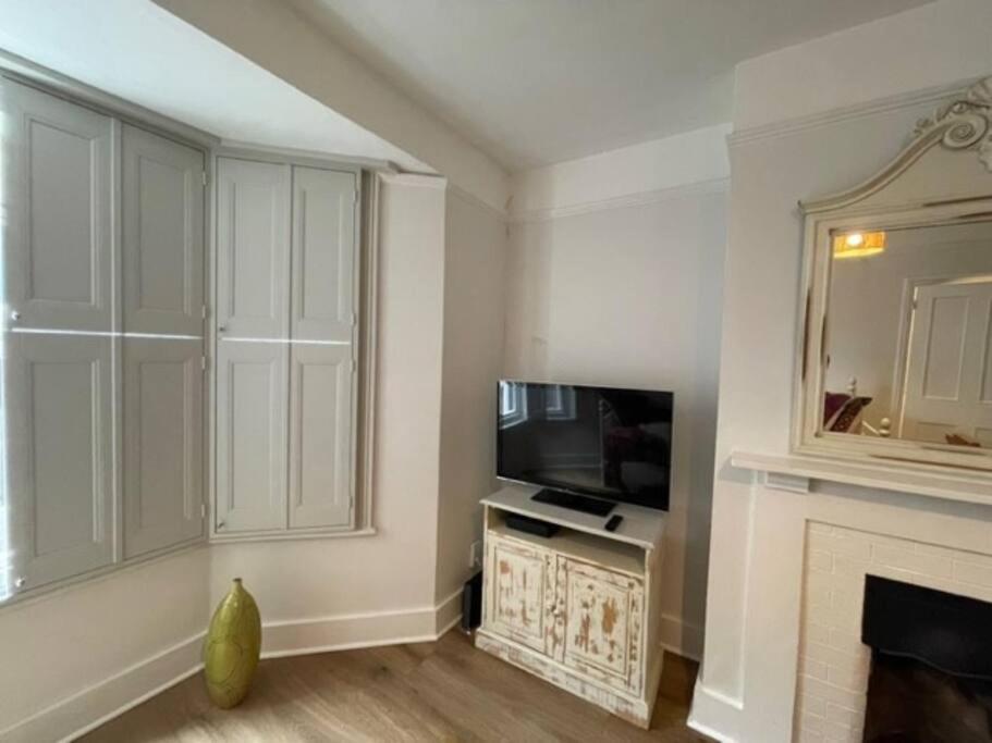 sala de estar con chimenea y TV en Homely garden apartment, newly refurbished - sleeps four, en Brighton & Hove