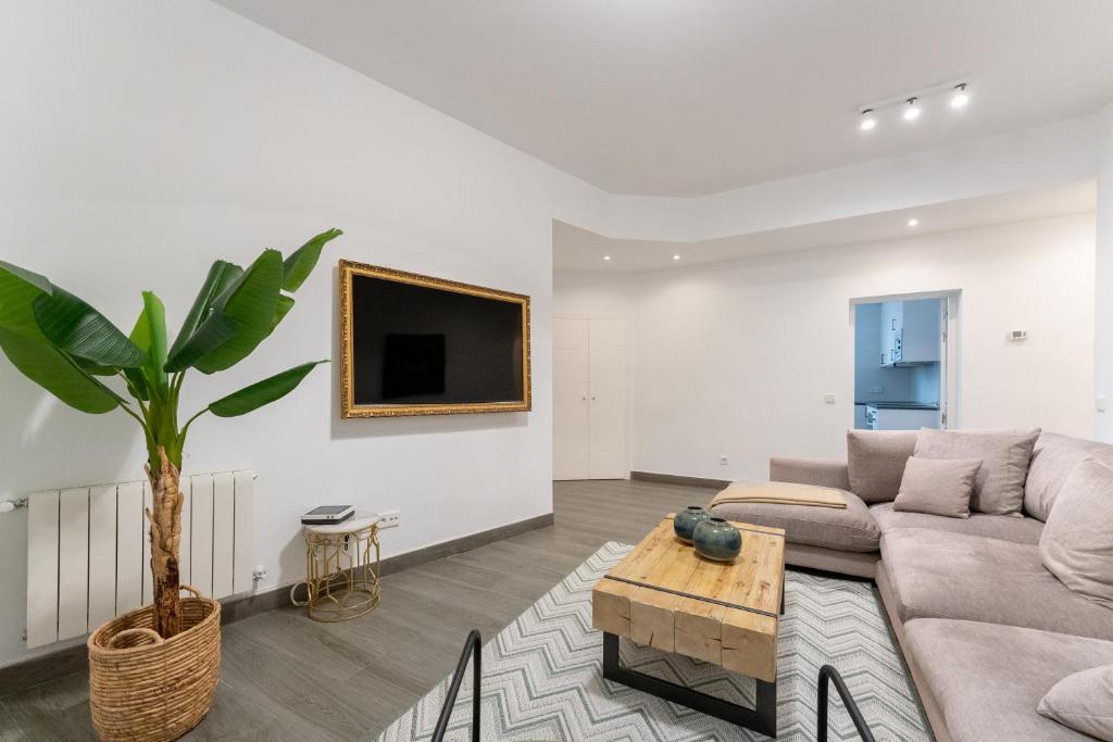 a living room with a couch and a potted plant at Luxe Apartment in Plaza de España in Madrid