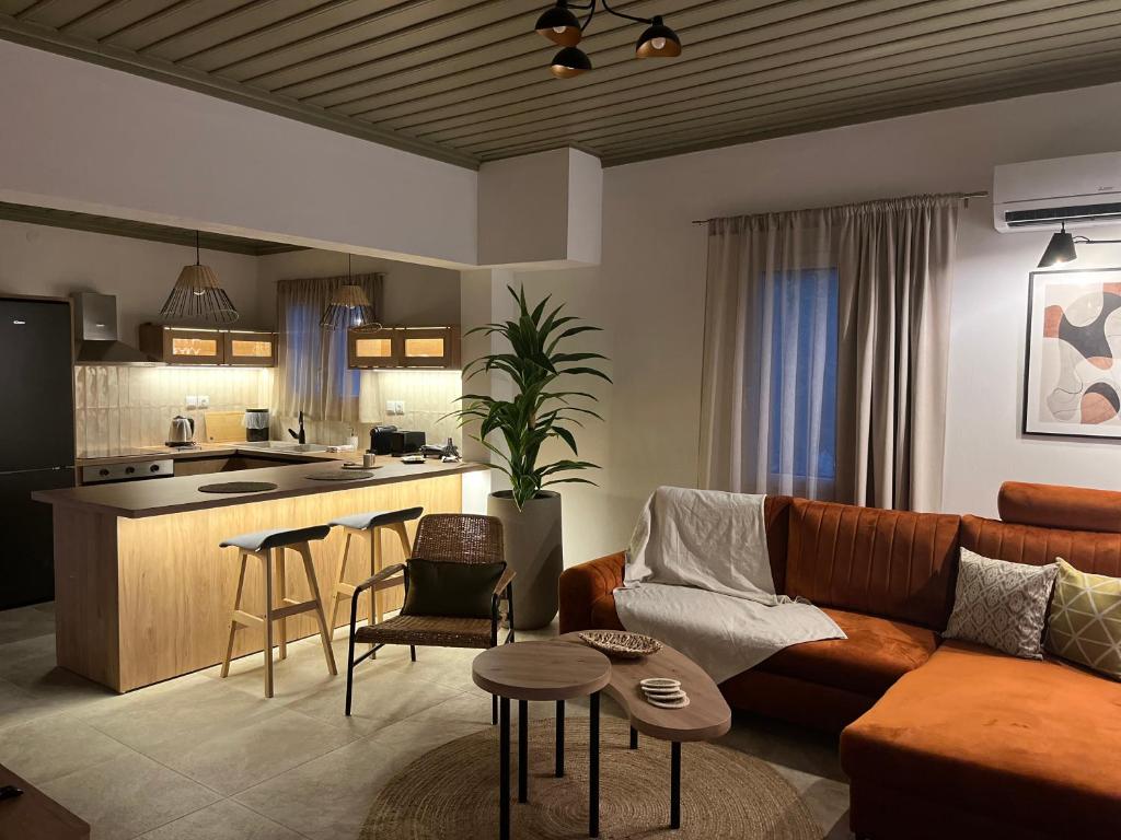 Il comprend un salon avec un canapé et une cuisine. dans l'établissement Skapin house, à Skopelos