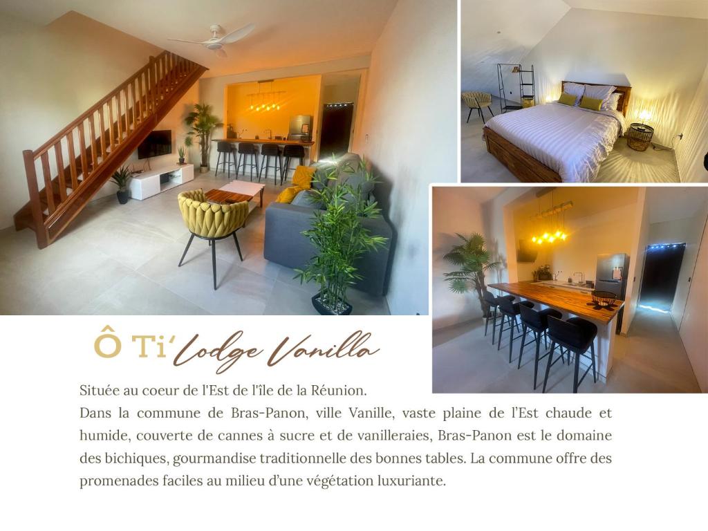 a living room and a bedroom with a bed and a dining room at Ô Ti' Lodge Vanilla in Bras-Panon