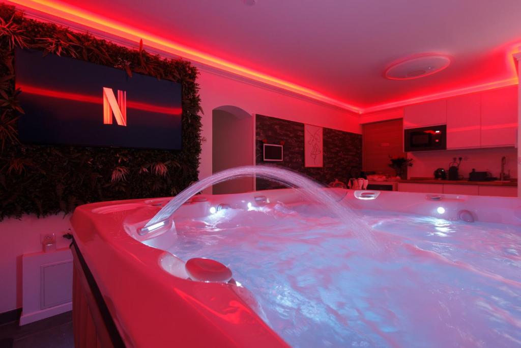 a large tub with a tv in a room at CASA AMOR & SPA, appartement suite jacuzzi & piscine chauffée in Montfort-sur-Argens