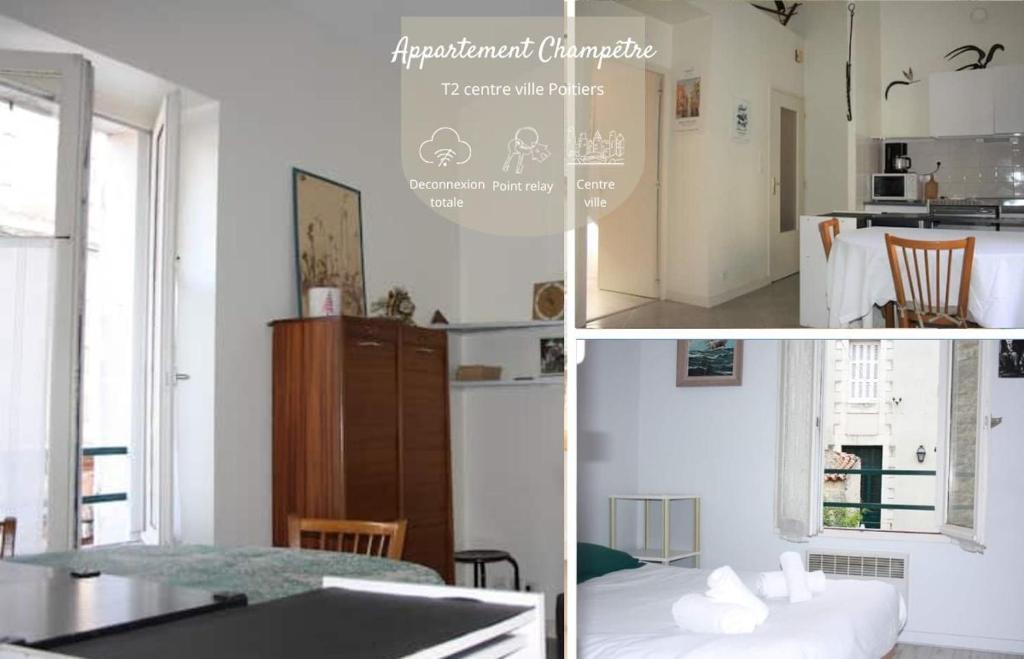 een collage van foto's van een keuken en een woonkamer bij Appartement champêtre - Déconnexion assurée in Poitiers