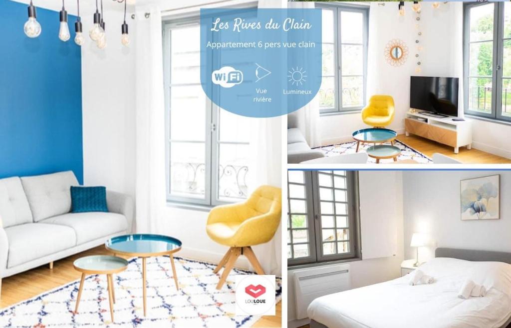 un collage de photos d'une chambre avec un canapé et une table dans l'établissement Les Rives du Clain - Sublime T4 au bord de l'eau, à Poitiers
