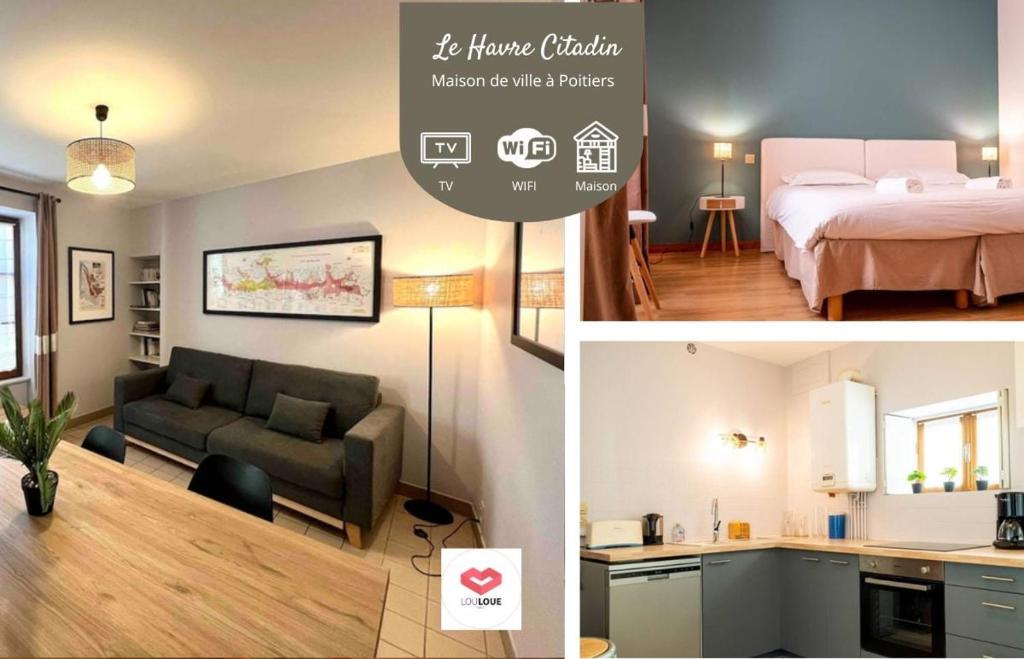 two pictures of a bedroom and a living room at Le Havre Citadin - Maison de ville à Poitiers in Poitiers