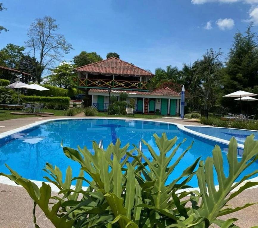 a swimming pool in front of a house at Finca Hotel Sol Y Luna in Calarcá