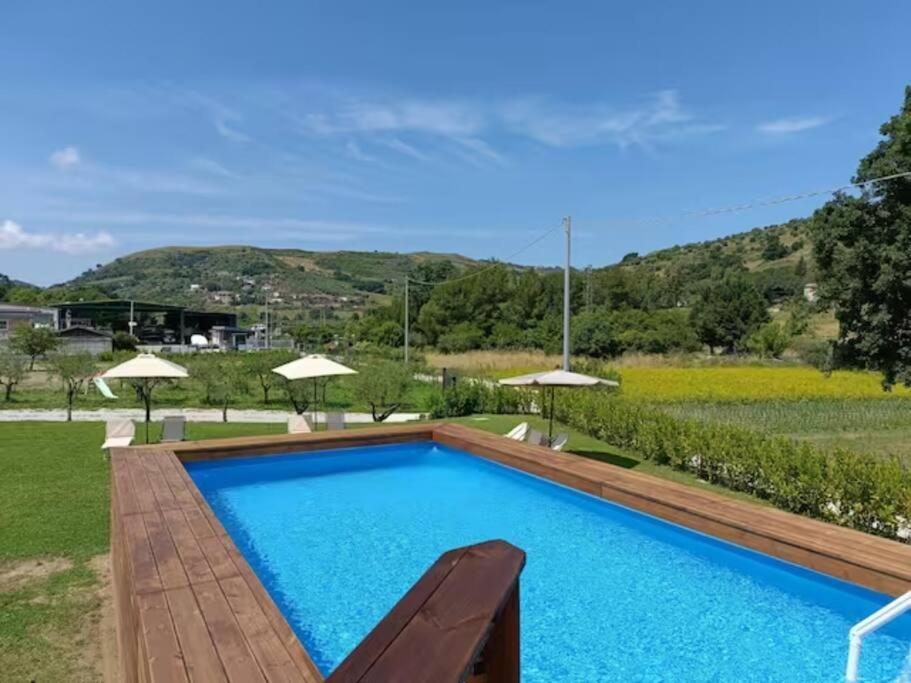 a swimming pool in a yard with umbrellas at Laurus Cilento Relax BeB in Laureana Cilento