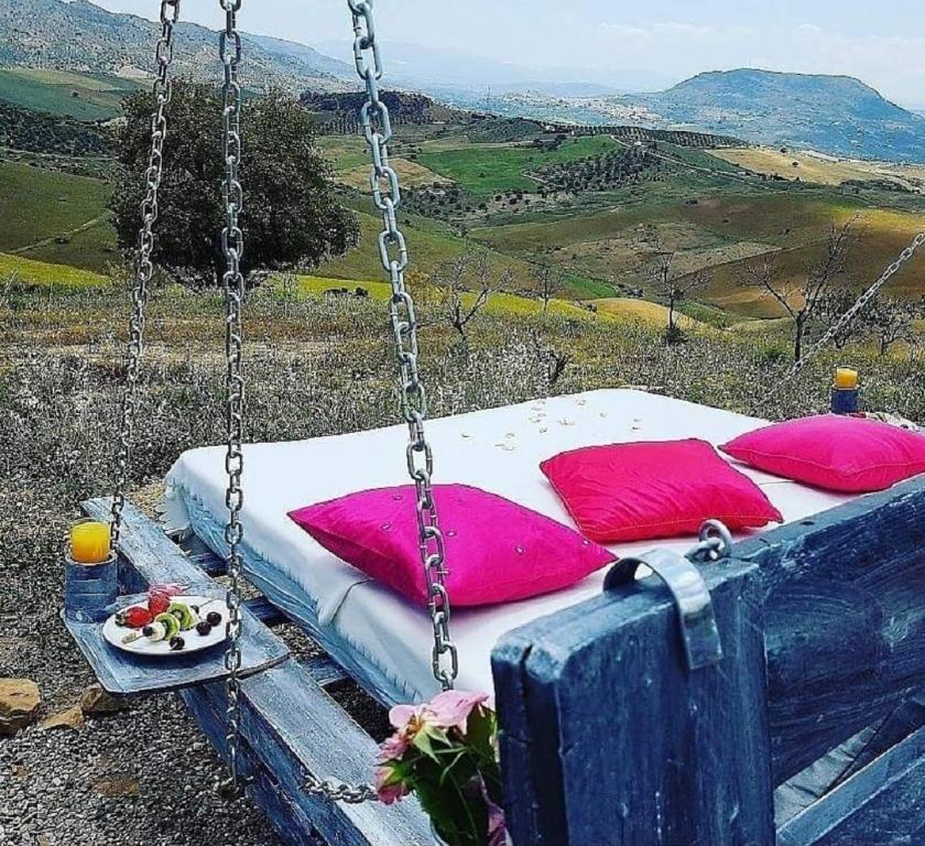 uma cama de baloiço com almofadas cor-de-rosa e um prato de comida em Casa Ceratonia em Alora
