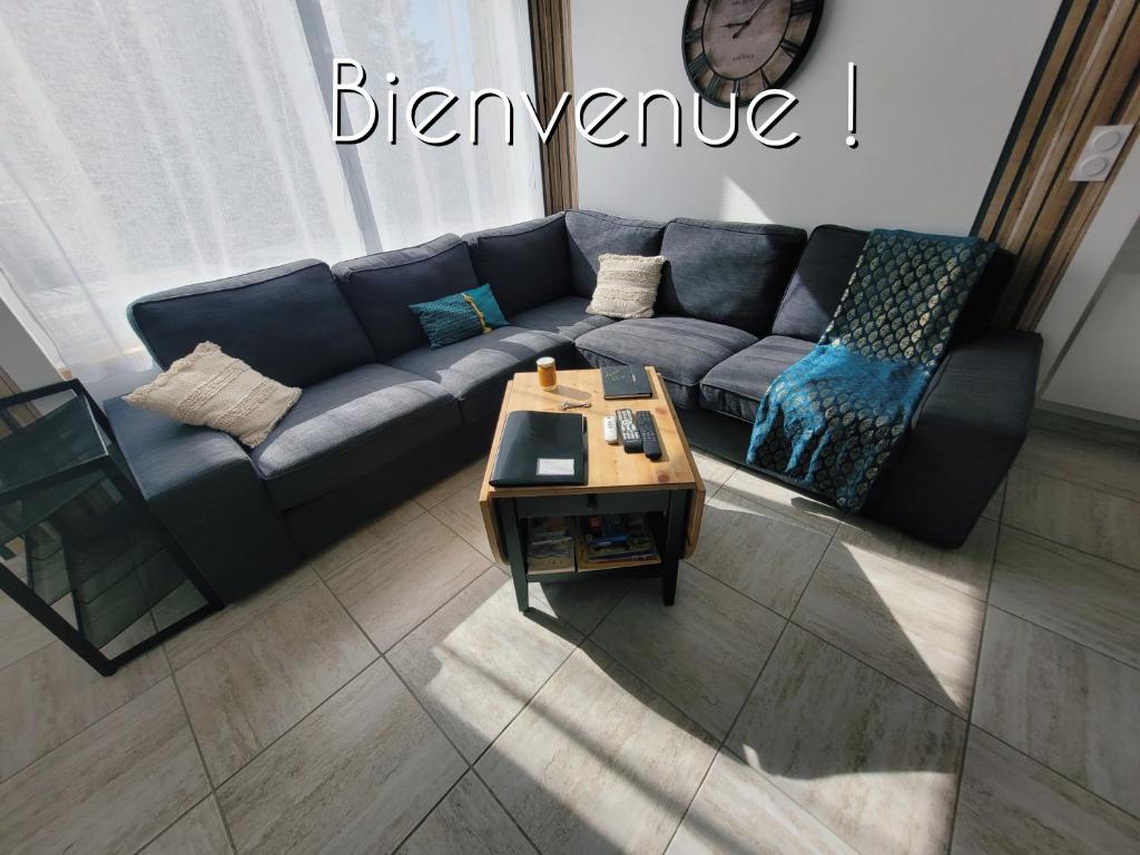 Sala de estar con sofá azul y mesa de centro en [Aucun supplément] L'Harmonie - 15 min de Beauval, en Meusnes