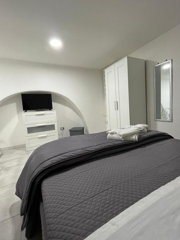 um quarto com uma cama, uma televisão e uma cómoda em Mortella House em Nápoles