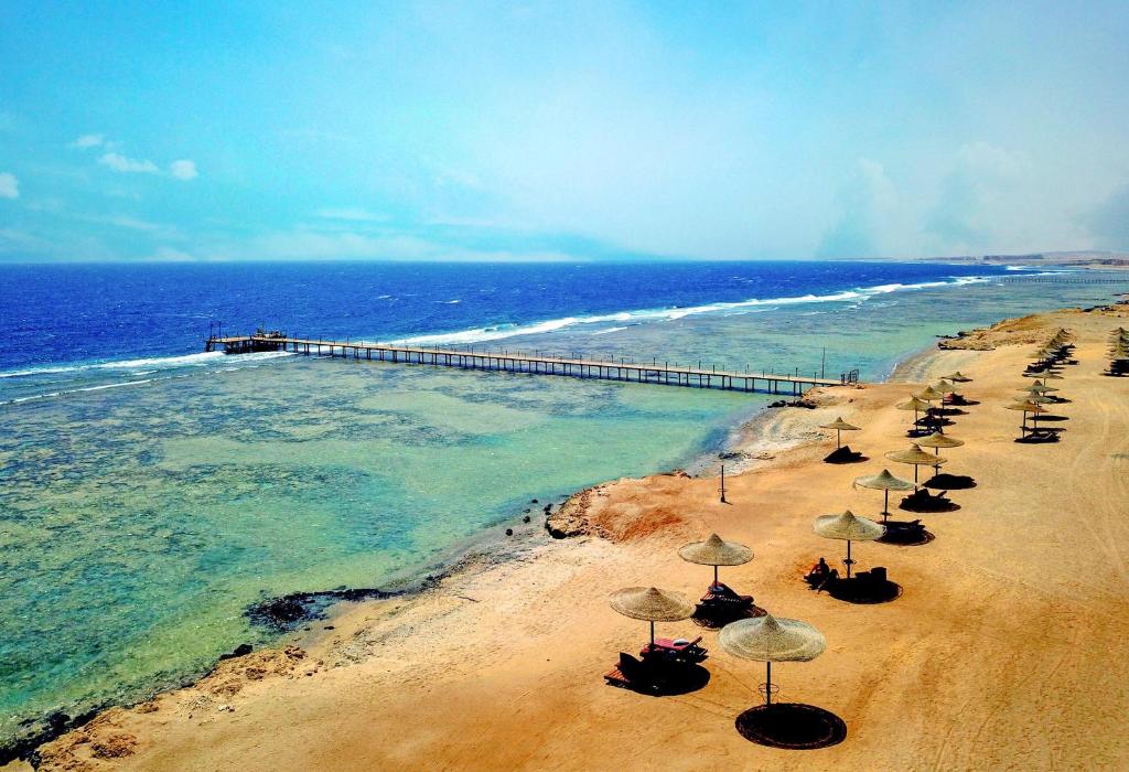 Bliss Nada Beach Resort في خليج كورايا: مجموعة من المظلات على شاطئ مع المحيط