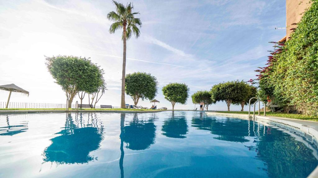 uma piscina com uma palmeira ao fundo em Casa Jasmina Calahonda with seaview 2 bed 2 bath em Sitio de Calahonda