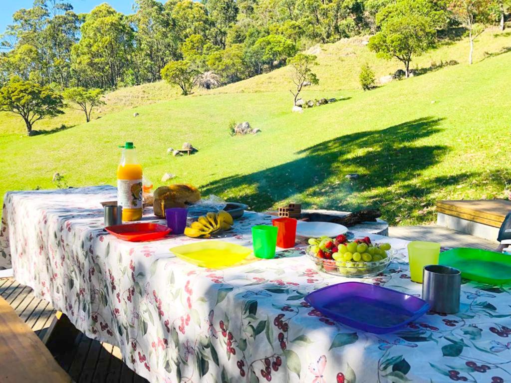 a picnic table with food and drinks on a field at Casa na árvore perto da praia in Imaruí