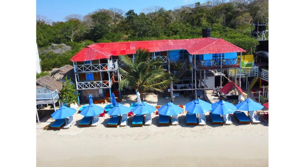 Posada nativa casa azul في بلايا بلانكا: مجموعة من الكراسي الزرقاء على الشاطئ