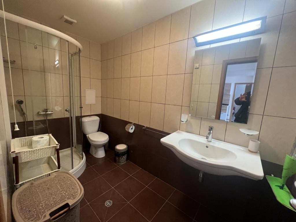 Bron's Suite في بامبوروفو: حمام مع حوض ومرحاض ومرآة