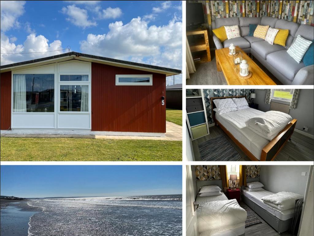a collage of four pictures of a shed at Modern Funky Private Chalet at the Beach in Tywyn