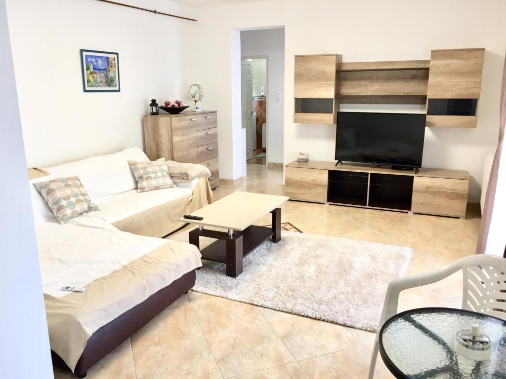 a living room with a couch and a tv at Solemio Apartman Kalocsa in Kalocsa