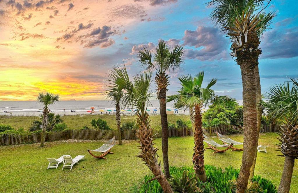 eine Gruppe von Palmen mit Stühlen und einem Strand in der Unterkunft Caravelle Resort 219 in Myrtle Beach