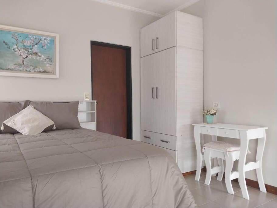 a white bedroom with a bed and a desk at Monoambiente en zona centrica con garage in Concordia