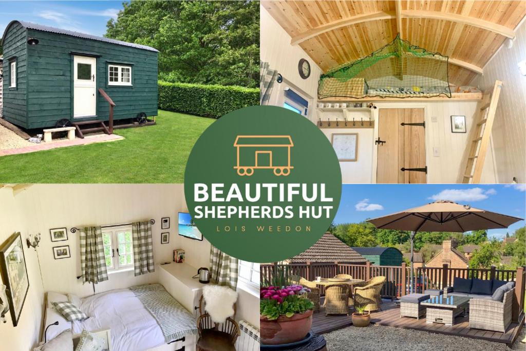 a collage of pictures of a tiny house at Beautiful Shepherd's Hut - Lois Weedon in Weston