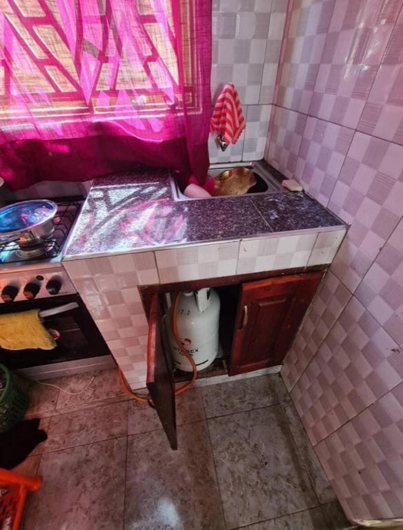 a kitchen counter with a sink in a pink tiled room at Tizo comfort homes in Wakiso