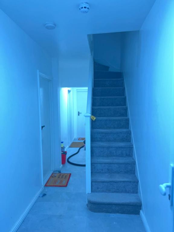 a blue hallway with stairs in a house at 87 classic comfort in harrow in Hatch End