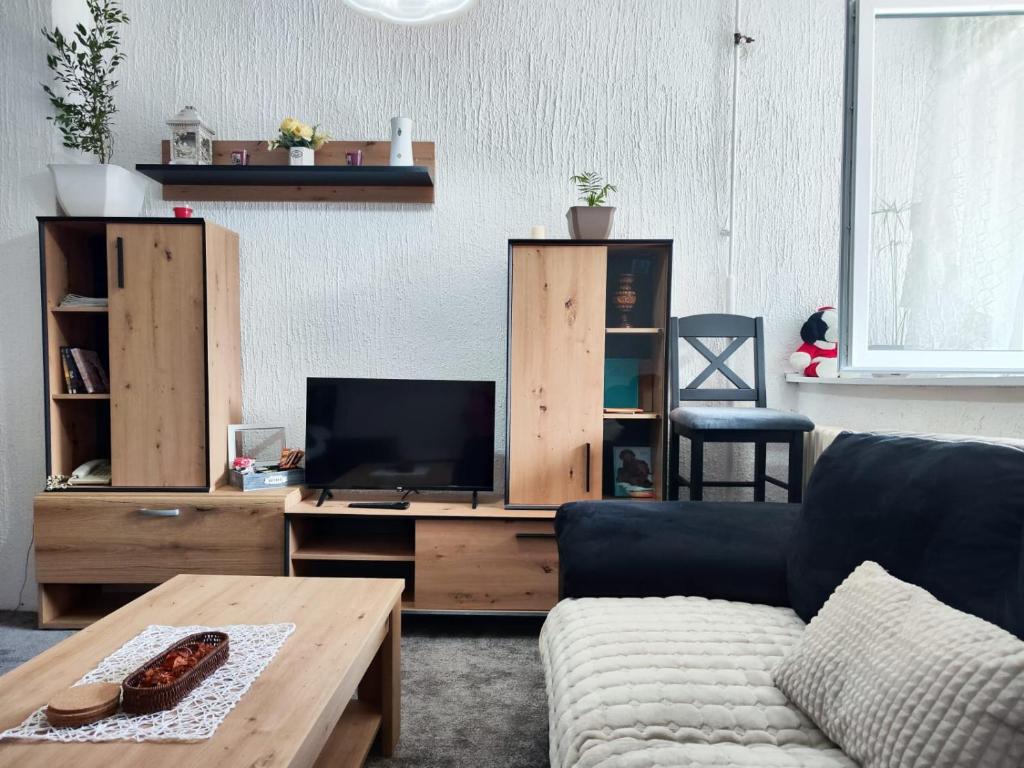 sala de estar con sofá y TV en Milano Apartman ****, en Brzeće