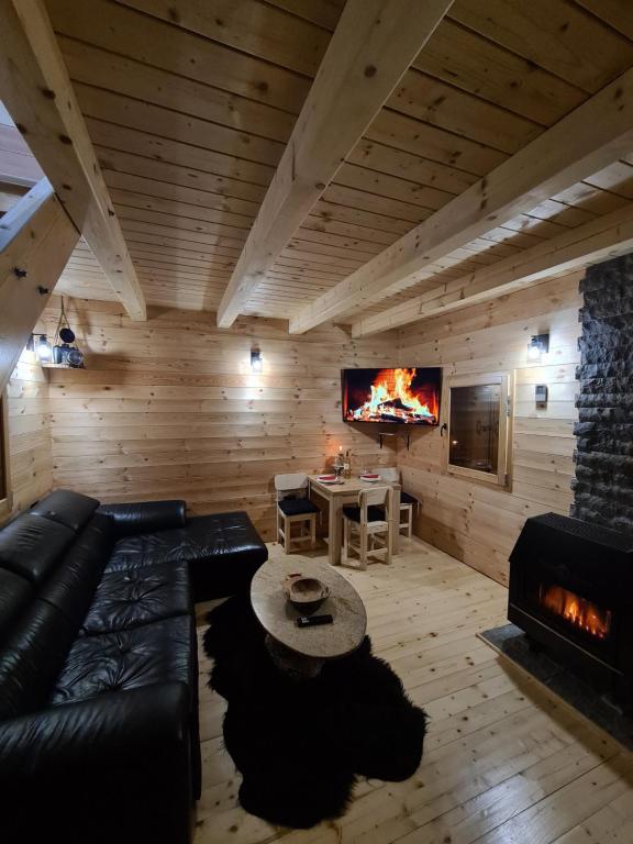 a living room with a leather couch and a fireplace at Apartment Homeland in Kolašin