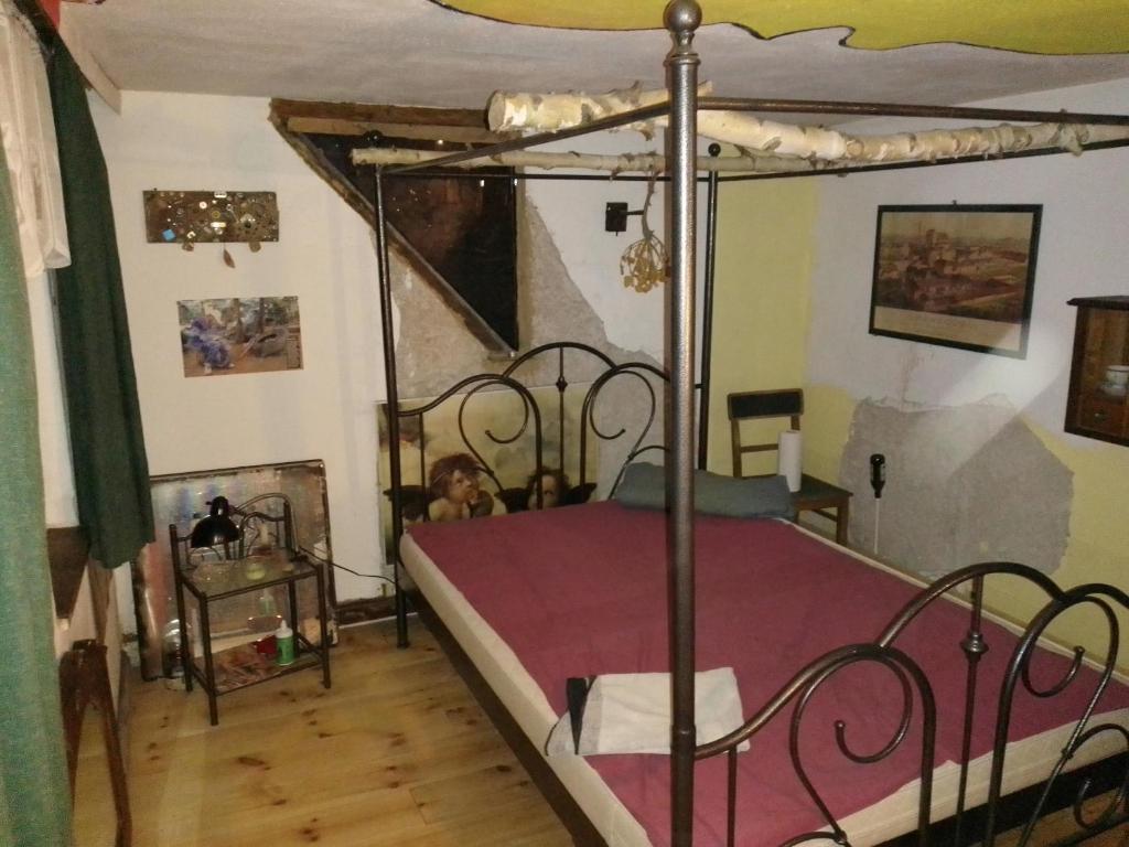 a bedroom with a bed with a canopy at Zum stillen Himmelbett in Niederwiesa
