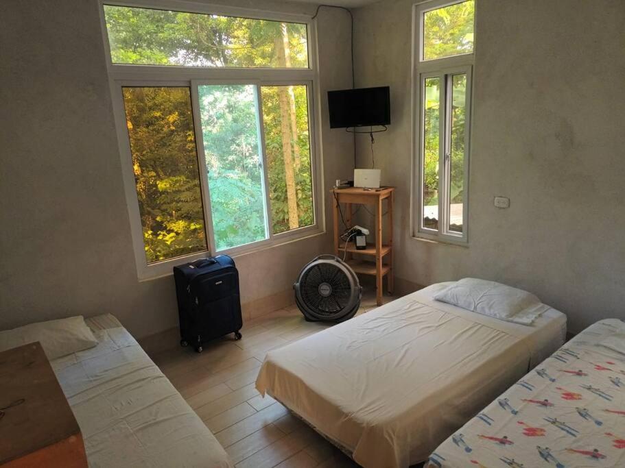 1 dormitorio con 2 camas, TV y ventanas en Casa de campo en reserva ecológica, en San Martín Zapotitlán
