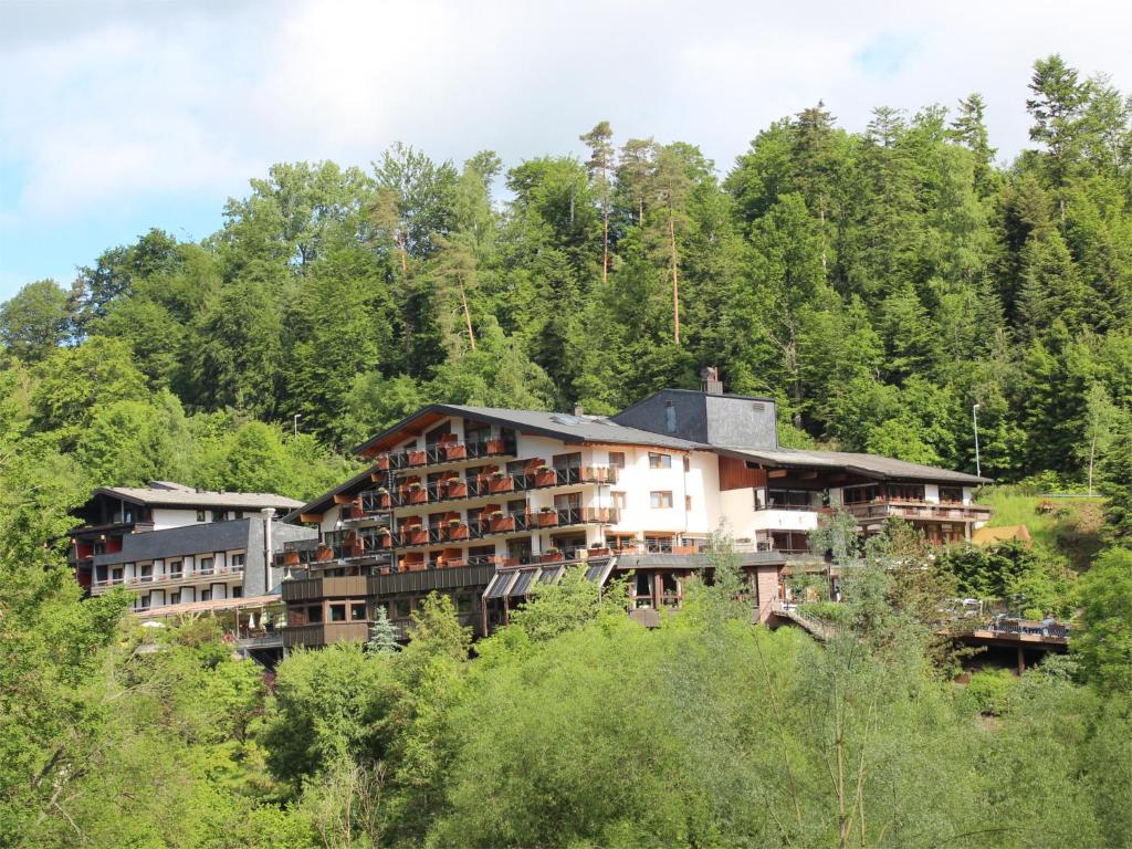 ein großes Gebäude inmitten eines Waldes in der Unterkunft Ringhotel Mönch`s Waldhotel in Unterreichenbach
