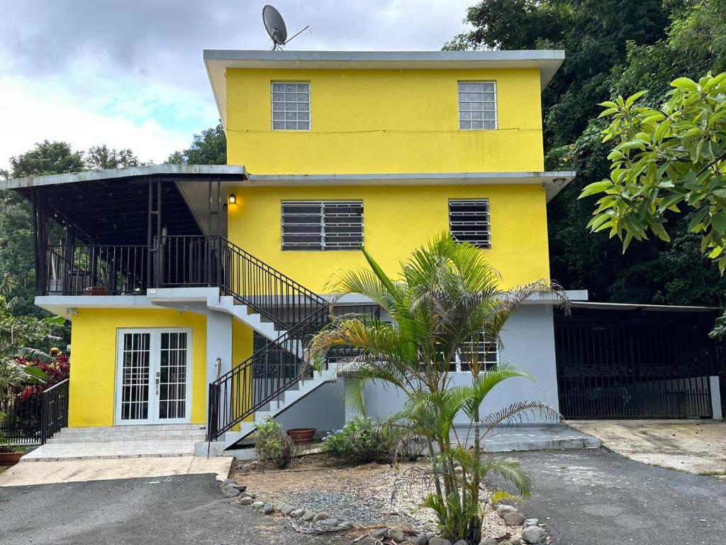una casa amarilla con una escalera delante de ella en Countryside - Secluded NEAR LAGOON, RIVER and BEACH. First floor en Vega Baja
