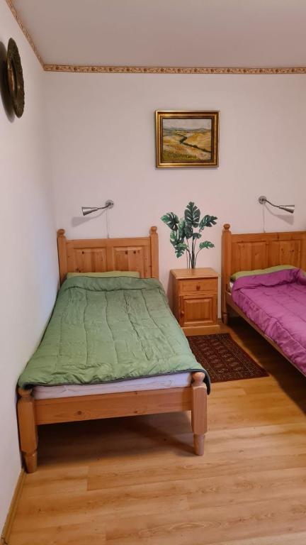 sypialnia z 2 łóżkami w pokoju w obiekcie FerienVilla Nimori w mieście Lipno nad Vltavou